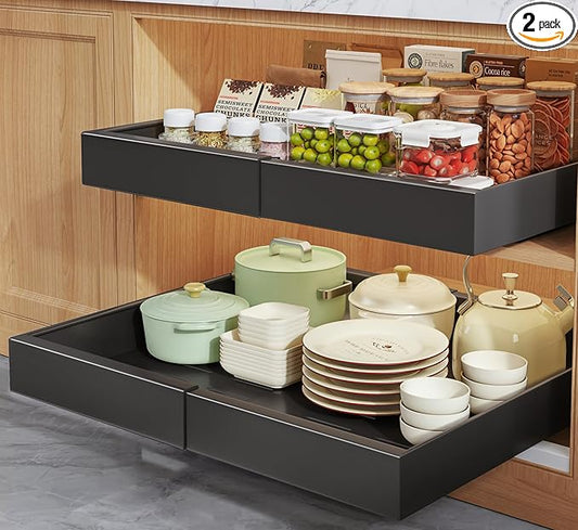 2 Pack Pull Out Cabinet Organizers 21"Deep with Raising Pad for Framed Cabinets,Expandable Slide Out Drawers Upgrade 3 Slide Rails,Roll Out Shelves Adhesive,Adjustable Width 12"-20.45" Black