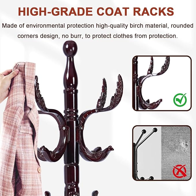 Coat Racks Freestanding, Natural Wood Coat Stands with 14 Hooks, 73" Heavy Duty Adjustable Height Vintage Hall Tree for Entryway, Bedroom, Office, Easy Assembly (Rosewood Fenghuang Gou)