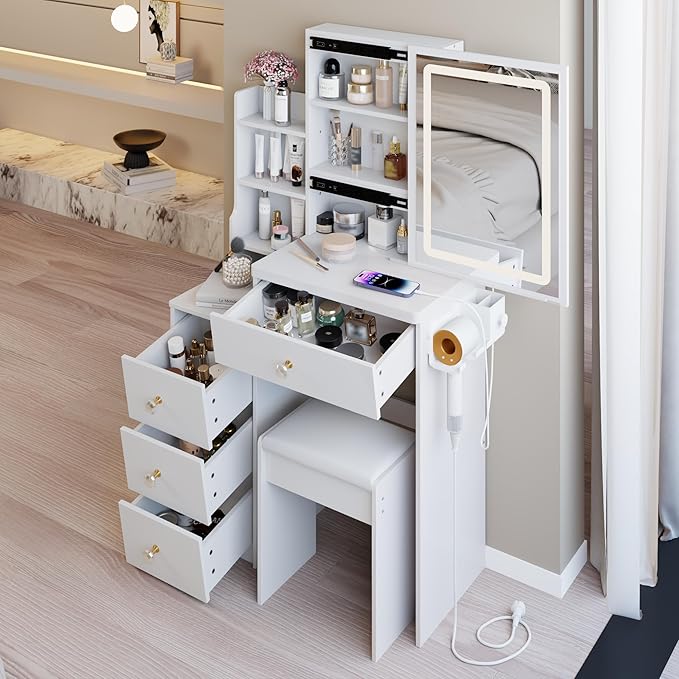 29.2" Small Vanity Desk with Mirror and Lights, Makeup Table with 2 AC+2 USB Power Station, Hair Dryer Bracket, Vanity Set with Drawers and Stool for Small Space Bedroom, White