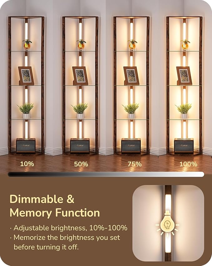 EDISHINE Corner Shelf with Light, 5-Tier Glass Display Shelf with Remote/Foot Control, 3CCT & Dimmable Corner Lamp, Open Display Cabinet, Standing Lamp for Living Room, Bedroom, Flamewood Color