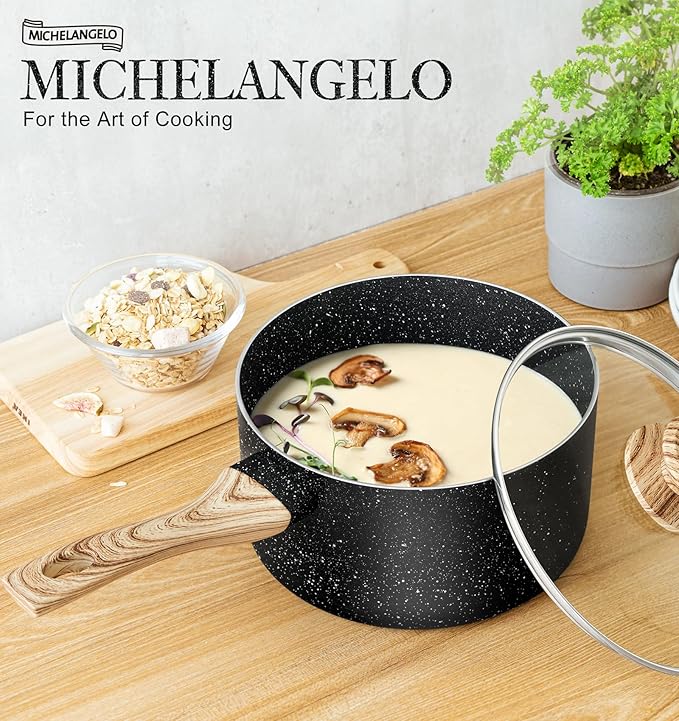 MICHELANGELO 3 Quart Saucepan with Lid, Nonstick Sauce Pan with Lid, Small Sauce Pot, Granite Coating Sauce Pan 3 Quart, Non Stick Stone Pot with Ergonomic Bakelite Handle