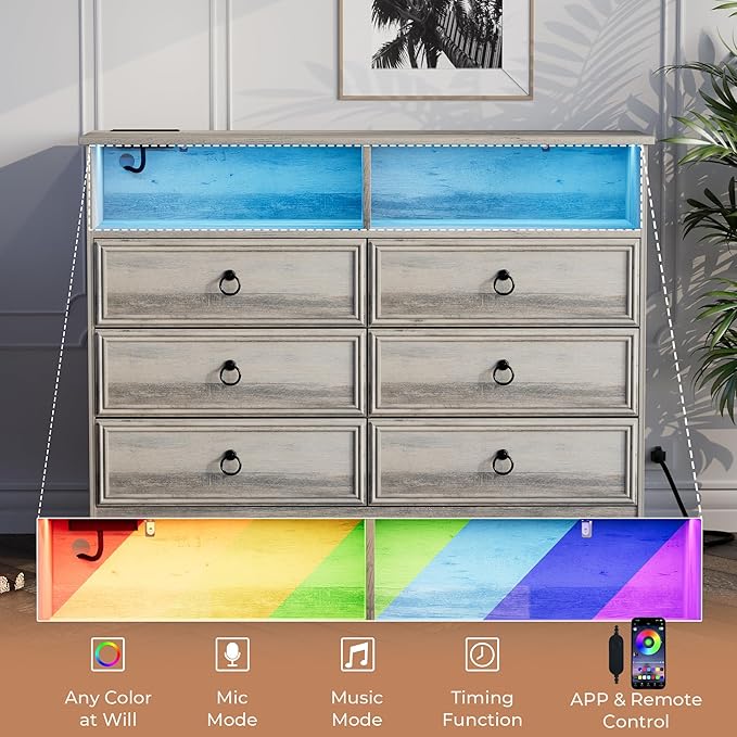 Grey 6 Drawer Dresser for Bedroom with LED Lights and Charging Station, Wood 6 Chest Drawers, Large Storage for Clothes, for Living Room, Bedroom, Hallway, Taupe Grey