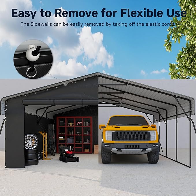 20 x 20FT Heavy Duty Metal Carport, Outdoor Carport with Galvanized Steel Frame and Roof, Multi-Use Car Shelter with Removable Sidewalls for 2 Cars, Pickup, Tractors, Gray