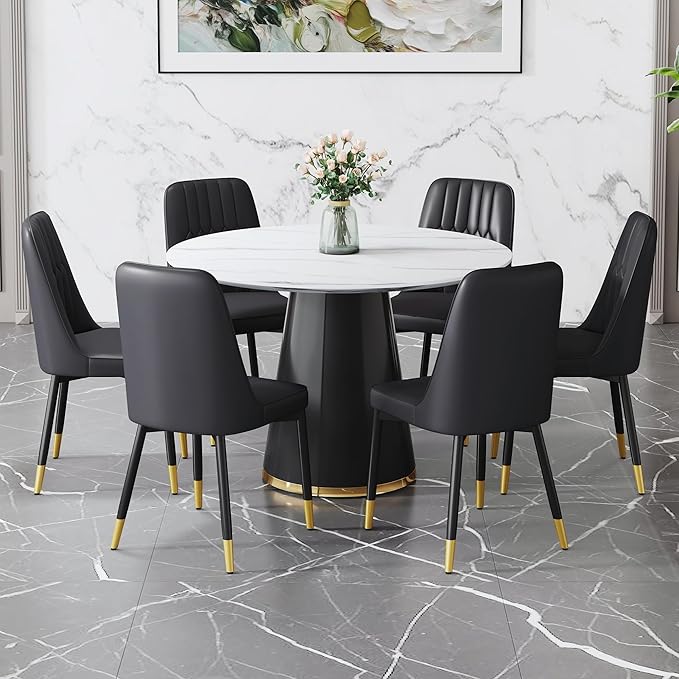 45 Inch Round Dining Table Set for 6, 7 Piece Kitchen Table and Chairs Set, White Faux Marble Table Top, Small Space Dining Set for Apartment or Dining Room