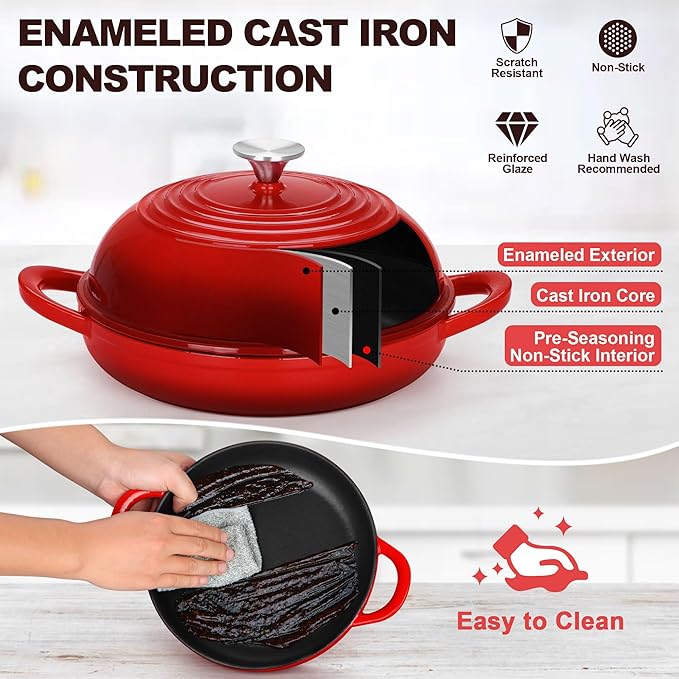 TeamFar Cast Iron Bread Dutch Oven, 6 Qt Enameled Dutch Oven Pot for Sourdough Bread Baking, with Tall Dome Lid & Round Base Pan, Self-Basting & Even-Heating, Heavy-Duty & Non-stick, Red