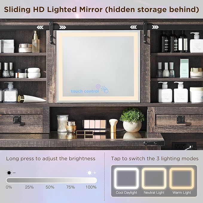 T4TREAM 48'' Farmhouse Makeup Vanity Desk with Sliding HD Mirror and Lights, Big Modern Lighted Vanity Table with 7 Drawers & Shelves, Rustic Large Dressing Table for Bedroom, Dark Rustic Oak