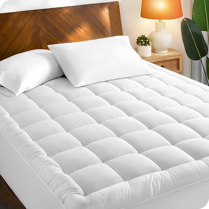 Bare Home Queen Mattress Topper Cotton Top - Plush Topper for Mattress - Fitted Mattress Cover - Cooling Breathable Air Flow - 8" to 21" Deep Pocket - Soft Mattress Pad (Queen, White)