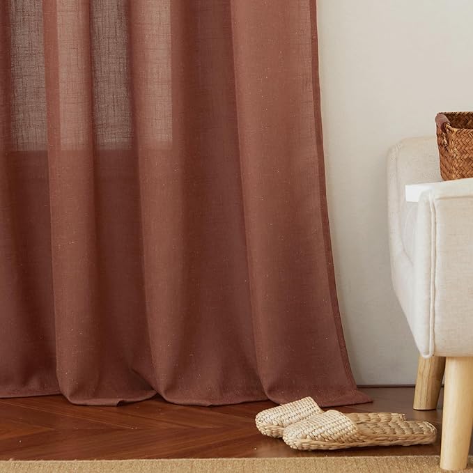RYB HOME Linen Blend Curtains 102 inches Long for Living Room Home Office, Thick Heavy Textured Rod Pocket Light Filtering Machine Washable, W 52 x L 102 inches, Terracotta, 2 Panels
