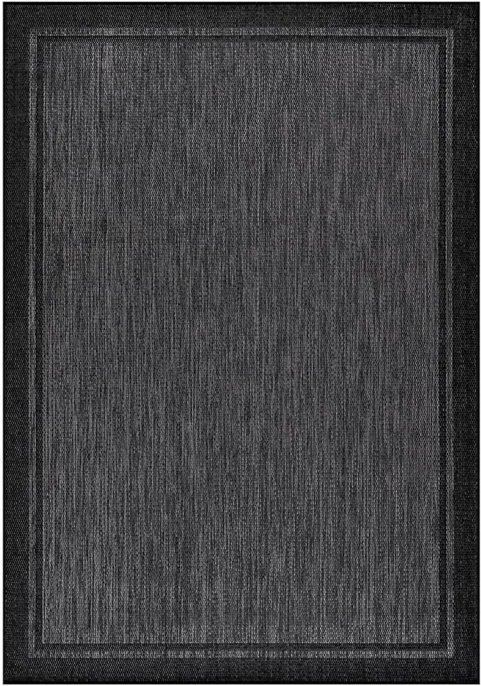 CAMILSON Indoor Outdoor Rug, 8x10 Bordered Dark Gray Black Modern Area Rugs for Indoor and Outdoor Patios, Kitchen and Hallway Mats, Washable Porch Deck Outside Carpet (Bordered Black, 8 x 10)