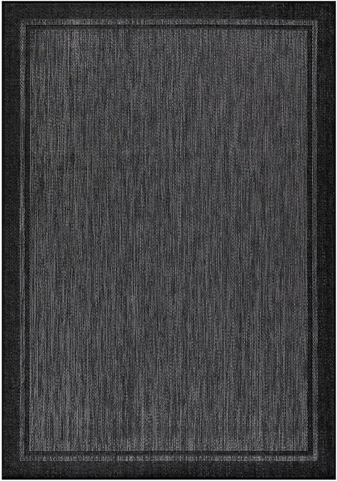 CAMILSON Indoor Outdoor Rug, 6x9 Bordered Dark Grey Black Modern Area Rugs for Indoor and Outdoor Patios, Kitchen and Hallway Mats, Washable Porch Deck Outside Carpet (Bordered Black, 6 x 9)