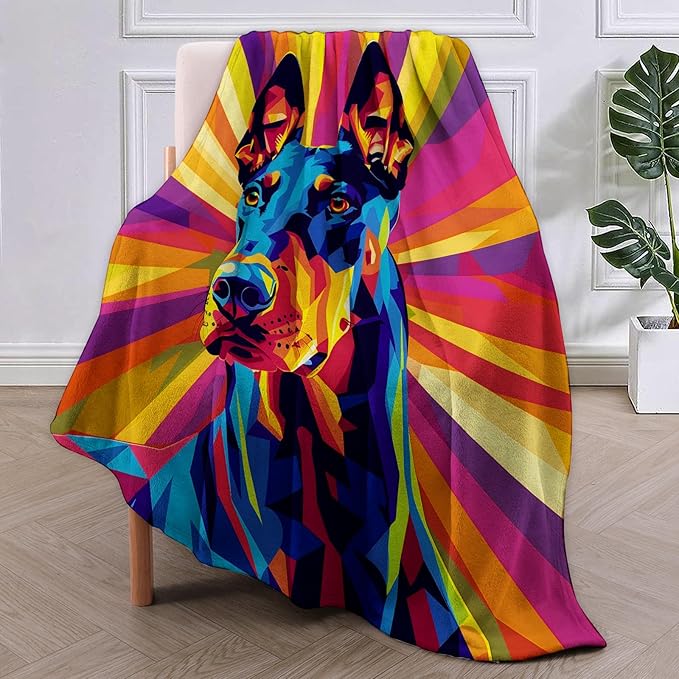 Colorful Doberman Flannel Blanket, Doberman Gifts, Dog-Themed Blanket for Women, Soft Lightweight Throw Blankets for Bed Home Travel Decor 50" x 60"