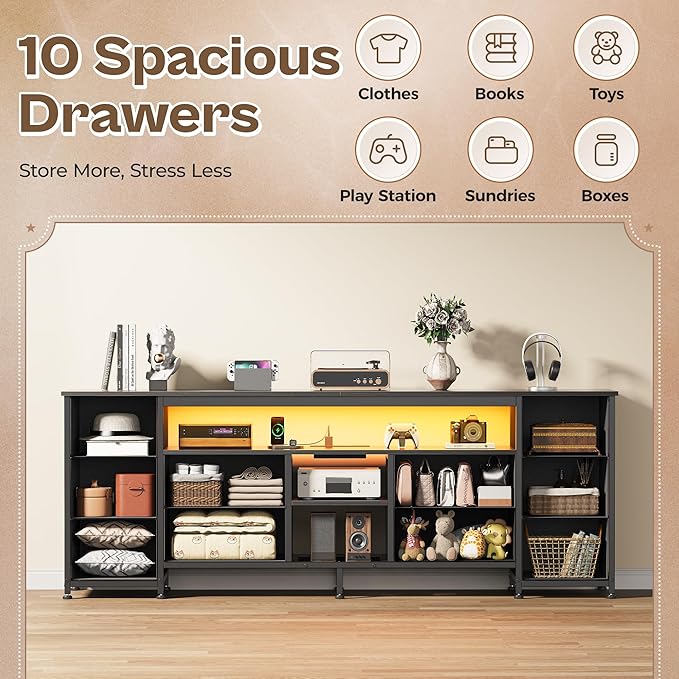 Huuger 62 Inch LED TV Stand Dresser with Power Outlets, USB-C Port and LED Lights, 10 Fabric Drawer Dresser for Bedroom, Long Entertainment Center for 65, 70 Inch TV, Open Shelves, PU Leather, Black