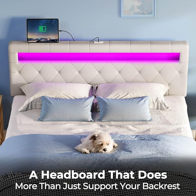 GREENSTELL Headboard for Queen Size Bed with 60,000 DIY Color of LED Light, USB & Type C Post, Attach Frame, Height Adjustable, White Leather Wall Mounted Head Boards Only, Sturdy & Stable, Queen
