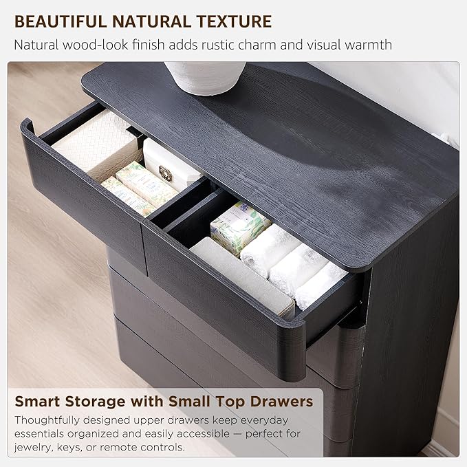 6 Drawer Dresser for Bedroom, 42 Inch Tall Modern Chest of Drawers, Push-to-Open Wood Storgae Organizer with Large Drawers for Bedroom, Living Room, Hallway, Black