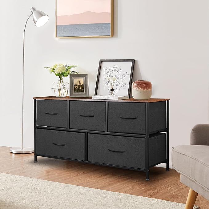 Dresser for Bedroom with 5 Drawers, Chest of Drawers, Storage Drawers Organizer Unit, Black Wide Fabric Dresser with Fabric Bins for Closet, Living Room, Bedroom (Black and Rustic Brown)