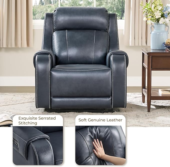 CHITA Genuine Leather Power Recliner Chair for Adults, Electric Wall Hugger Recliner with Adjustable Power Headrest & USB/Type-C Ports, Compact for Small Spaces & Living Rooms, Navy Blue