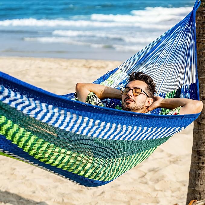 Lazy Daze Hammocks Handwoven Mayan Hammock, 10.5 FT Soft Rope Double Hammocks, Portable Outdoor Hammock with Carry Bag, 2 Straps & carabiners for Patio Outside, 550 lbs Weight Capacity, Blue/Green