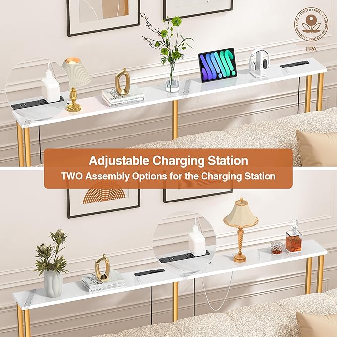 70Inch Console Table with Outlet, Sofa Table with Charger,Skinny Hallway Table, Narrow Entryway Table,Table Behind Sofa,for Living Room,Gold & White