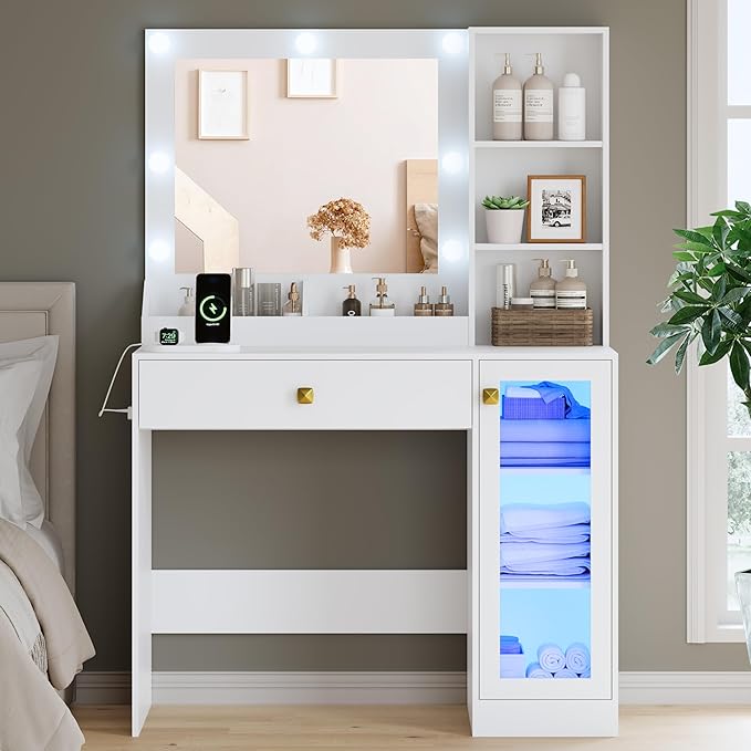 Vanity Desk with Mirror and Lights, Small Makeup Vanity Table with RGB Storage Cabinet & Power Strips & Shelves, 3 Lighting Modes & Adjustable Brightness, Dressing Table for Women Girls Bedroom, White