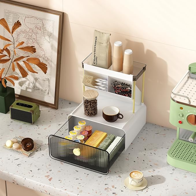 FOLLOWIN Bathroom Counter Organizers and Storage with Drawer,Cosmetic Organizer with Make Up Brush Holder,Perfume Makeup Shelf,3-Tier Vanity Storage,Smoky Gray