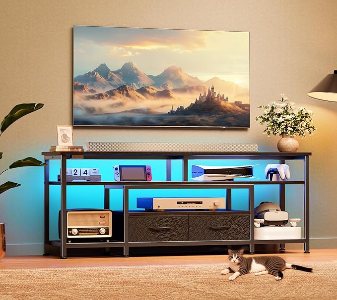 Huuger TV Stand for 55 60 Inch TV, Entertainment Center with Power Outlets and LED Lights, 54 Inch TV Console for Living Room, Media Console with Drawers and Shelves, Black