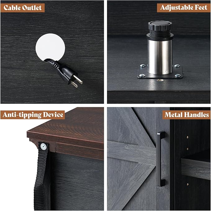 AMERLIFE 66" W Farmhouse TV Stand, Wood 40" H Tall Entertainment Center with Sliding Barn Door & Large Storage Shelves, Rustic Media Console for TVs up to 75", Dark Grey