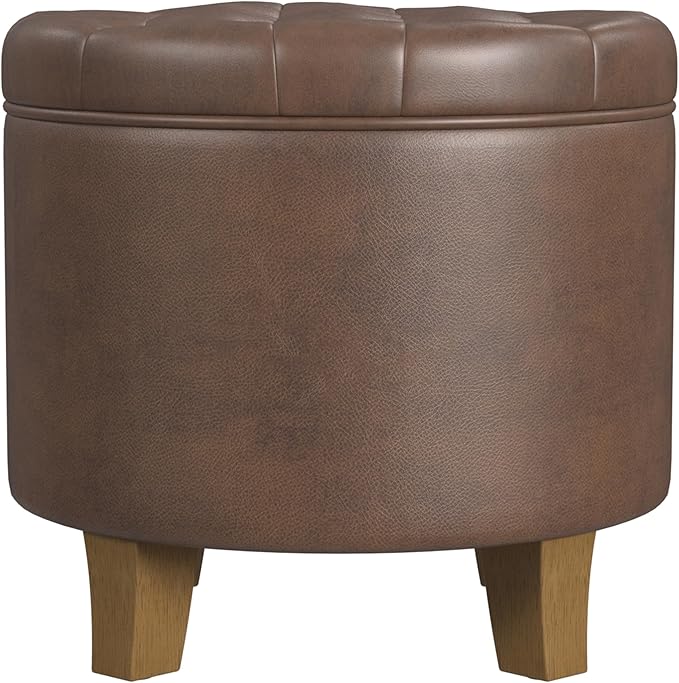 HomePop Home Decor | Upholstered Round Faux Leather Tufted Foot Rest Ottoman | Ottoman with Storage for Living Room & Bedroom | Decorative Home Furniture, Brown Faux Leather