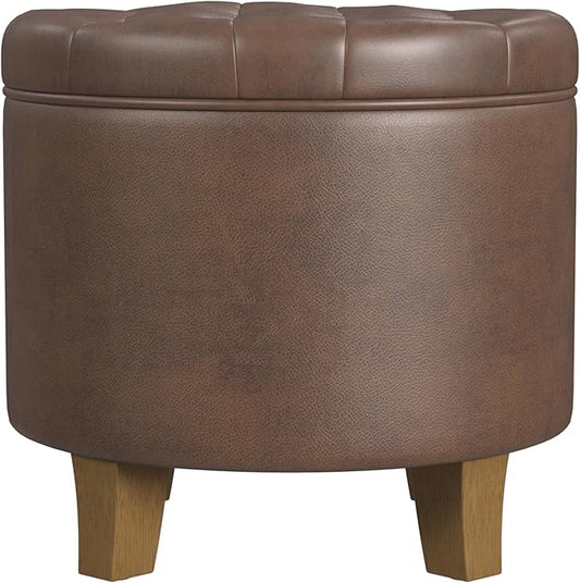 HomePop Home Decor | Upholstered Round Faux Leather Tufted Foot Rest Ottoman | Ottoman with Storage for Living Room & Bedroom | Decorative Home Furniture, Brown Faux Leather