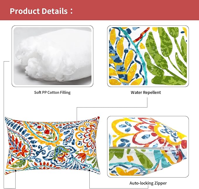 Outdoor Lumbar Pillows 12x20 inch, Rectangle Throw Pillows with Inserts, Decorative Lumbar Cushions for Patio Furniture Garden Couch Home Sofa Office Chair, Pack of 2, Paisley Multi