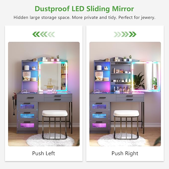 HENBC Vanity Desk with Sliding Mirror and Glass Desktop, LED Vanitys Mirror with RGB Lights Desk and Chair, Dressers Table Set with Charging Station/Makeup Organizer/6 Drawers for Bedroom(Grey)