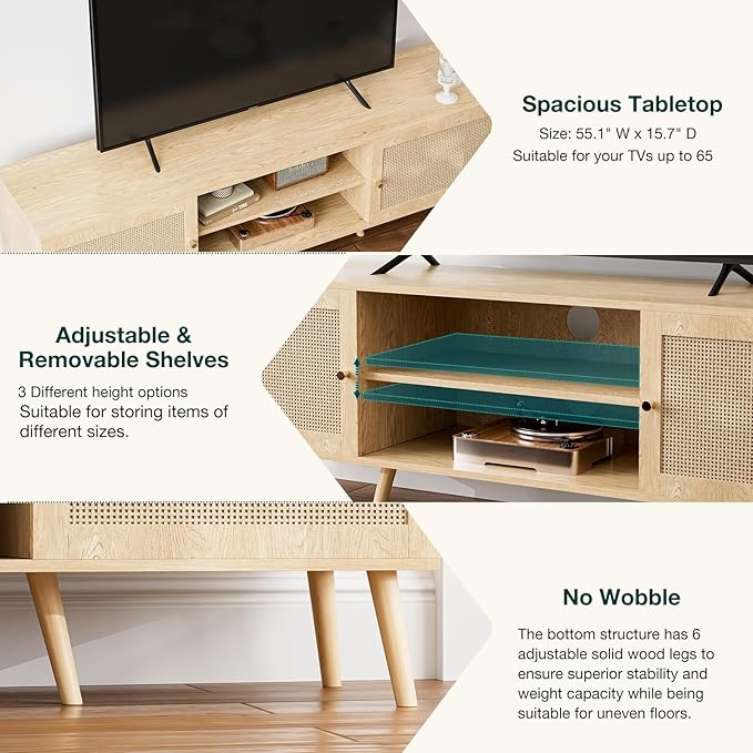 TV Stand for TVs up to 65'', Entertainment Center With Rattan Door, Shelves & 2 Cabinets, Long Boho Media Console for Living Room, Natural