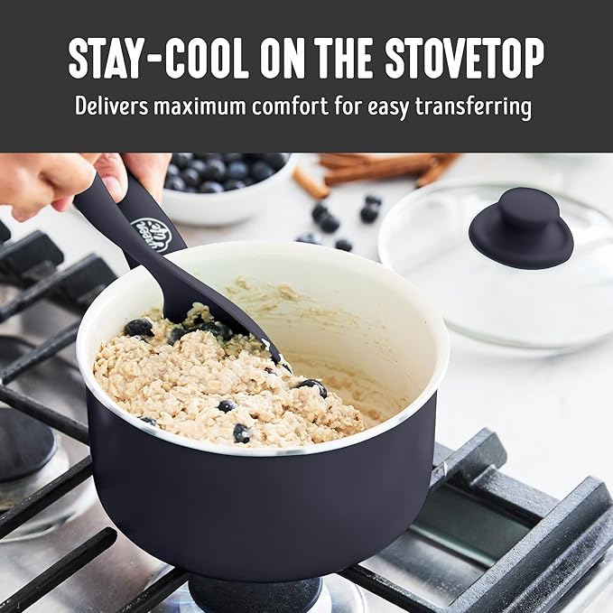 GreenLife 2QT Nonstick Saucepan with Glass Lid, Soft Grip, PFAS-Free Ceramic, Multipurpose Chef Pan, Milk & Sauce Cooking Pot, Dishwasher & Oven Safe to 350˚F, Stay-Cool Handle, Black