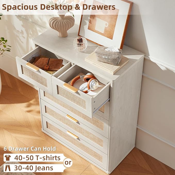 LEYAOYAO White Dresser for Bedroom Set of 2, 41" Tall Chest of Drawers, Modern 6 Drawers Boho Rattan Dressers with Storage, Dresser Wooden Closet Organizer for Living Room, Hallway