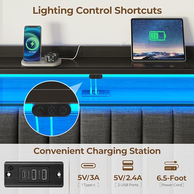 Rolanstar Headboard for King Size Bed with Storage, 60,000 DIY Color of LED Light, Head Board with USB & Type C Port, Height Adjustable, Black Upholstered Cabeceras de Cama Comfortable Modern, Linen