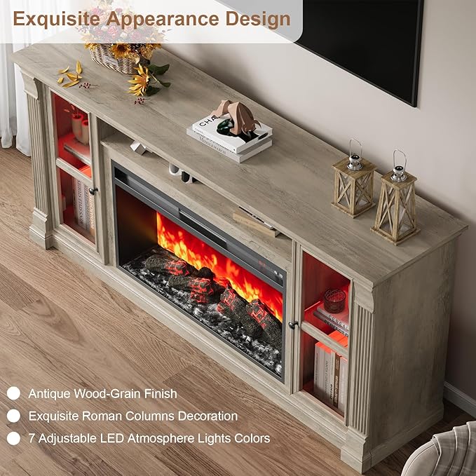 Farmhouse Fireplace TV Stand Up to 80" TVs, 70" Modern Highboy Entertainment Center with 36" Electric Fireplace & LED Lights, Media Console with Adjustable Shelves for Living Room, Gray