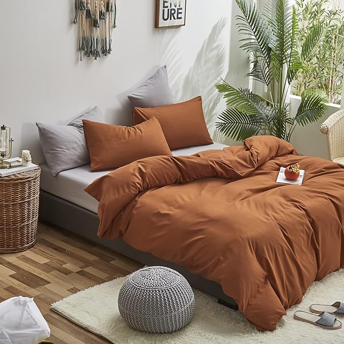 Cottonight Full Comforter Set Pumpkin Rust Bedding Set Terracotta Burnt Orange Blanket Quilts Cotton Solid Fashion Bedding Set for Women Men Full Bed