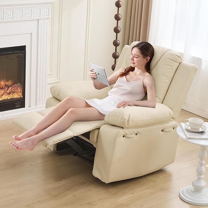 Recliner Chair with Electric Massage Adjustable Footrest & Heat, Manual Leather Recline for Adults Living Room Remote Control (Beige)
