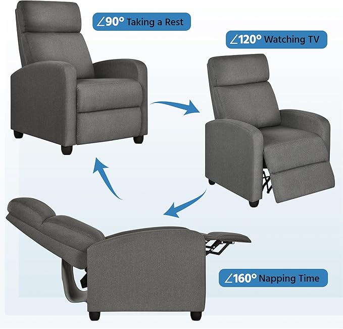 Yaheetech Fabric Recliner Chair Sofa Ergonomic Adjustable Single Sofa with Thicker Seat Cushion Modern Home Theater Seating for Living Room Matte Grey