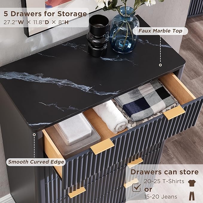 T4TREAM Fluted 5 Drawers Dresser, 48" Tall Modern Chest of Drawers with Faux Marble Top, Curved Profile Design, Wood Drawer Organizer for Bedroom, Living Room, Hallway, Entryway, Dark Grey