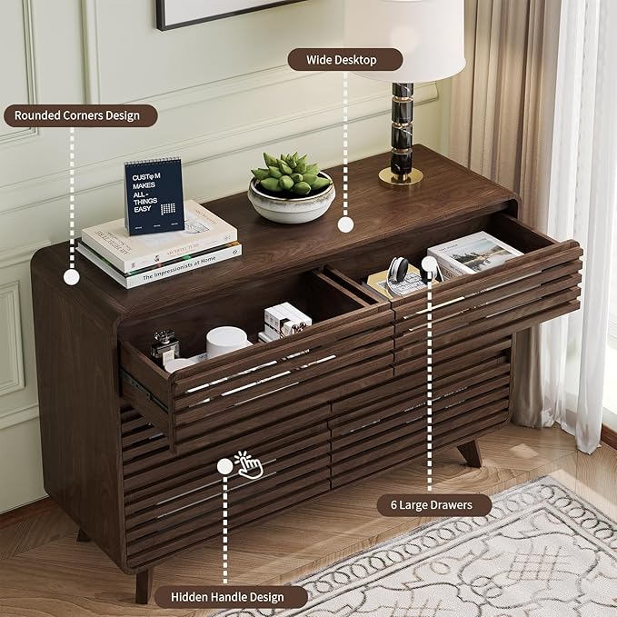 Fluted Dresser for Bedroom, Wide 6 Drawers Dresser, Chests of Drawers with Grille & Curved Design, Dressers Slides Pre-Installed, Large Wood Drawer Organizer for Bedroom Hallway, Dark Walnut