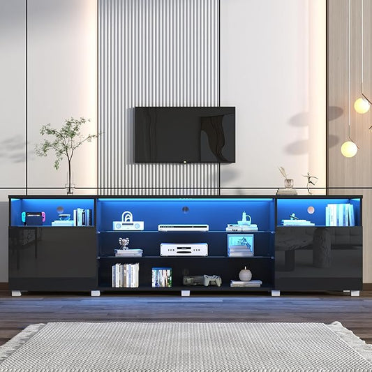 St.Mandyu LED TV Stand for 75/85/90 inch TV, Modern Television Table Center Media Console with Drawer and Led Lights, High Glossy Entertainment Center for Living Game Room Bedroom(Black)