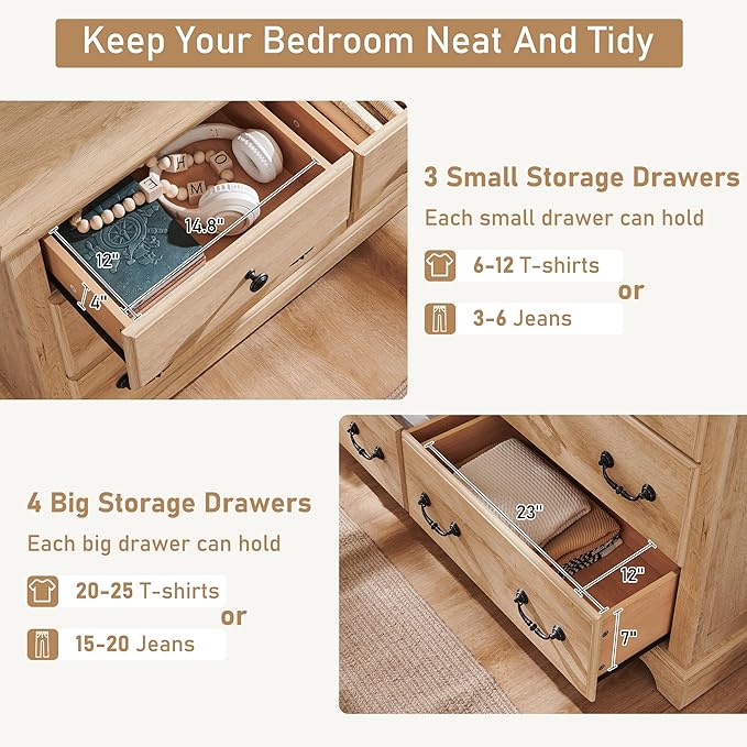 Farmhouse Dresser for Bedroom, 54" Modern 7 Drawers Dresser with Vintage Styles Pulls, Wood Rustic Closet Chest of Drawers for Living Room, Hallway, Natural Oak