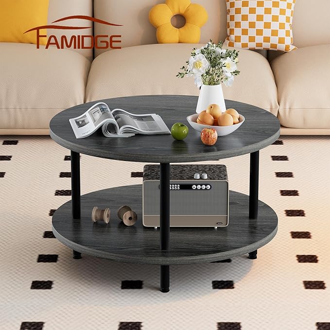 Coffee Table, 2 Tier Coffee Tables for Living Room, Round Coffee Table with Storage, Floor Table for Bedroom, Home Office, Grey (23.6" D x 18.1" H)