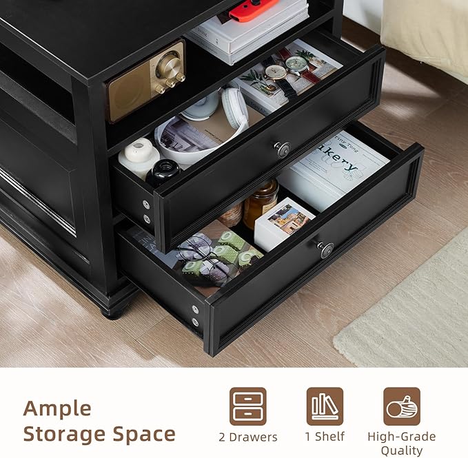 Farmhouse Nightstand Set of 2 with Charging Station, 24" Wide End Table with 2 Drawers,Wood Dresser for Bedroom,Black Bed Side Table Chest of Drawers Cabinet,Night Stand for Living Room