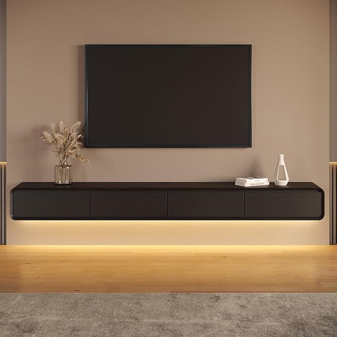 Minimalist Floating TV Stand with LED Lights, Modern Wall-Mounted Media Console with 4 Flip-Down Cabinet Doors for 85 Inch TV, Fully-Assembled, Black Oak, 94"