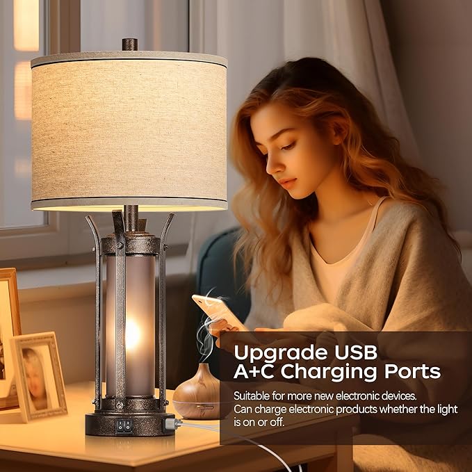 QiMH Farmhouse Table Lamps for Living Room, Rustic Beside Lamps for Bedroom with USB A+C Charging Ports, Nightstand Lamp with Frosted Glass Night Light for Home Decor, 4 Bulbs Included (Bronze)