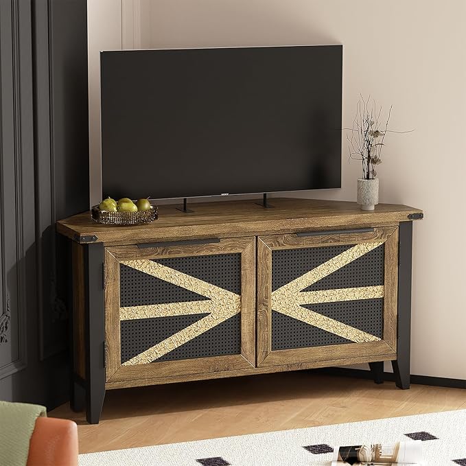VFK Farmhouse Corner TV Stand for 50 Inch TV, Rustic Entertainment Center with Storage, Space-Saving Media Console Table for Living Room & Bedroom