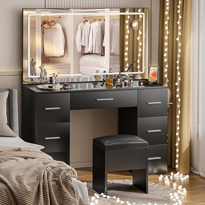 Makeup Vanity Desk with Lights, 46'' Glass Top Vanity Set with Charging Station, 7 Drawers Vanity Table with Cushioned Stool, 3 Lighting Modes Brightness Adjustable,Black