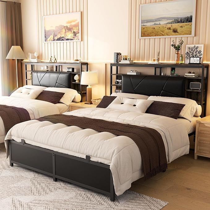 Upholstered Queen Size Headboard with Charging Station and Smart RGB LED Light, Queen Bed Head Board with Storage Shelf, Sturdy and Solid Headboards for Bedroom, Guest Room, Dorm, Black Oak