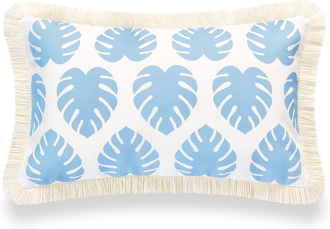 Hofdeco Premium Coastal Hampton Style Patio Indoor Outdoor Lumbar Pillow Cover Only, 12"x20" Water Resistant for Backyard, Couch, Baby Blue Monstera Leaf Fringe